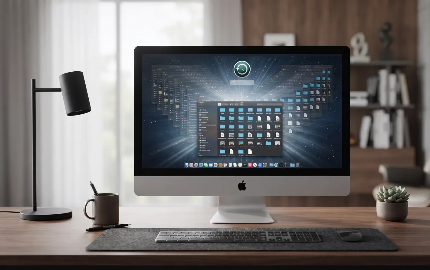 A Mac showing Time Machine restoring a folder from a backup