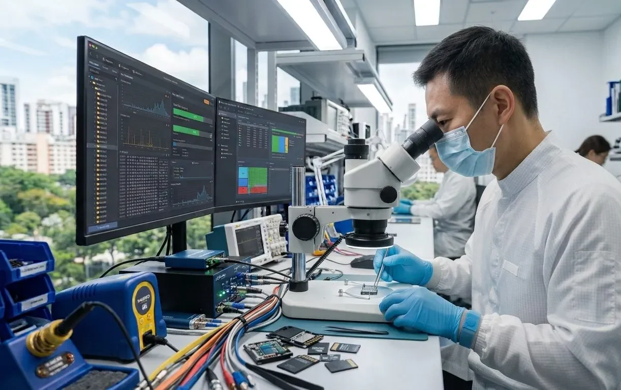 A data recovery engineer working on a Mac drive in a lab