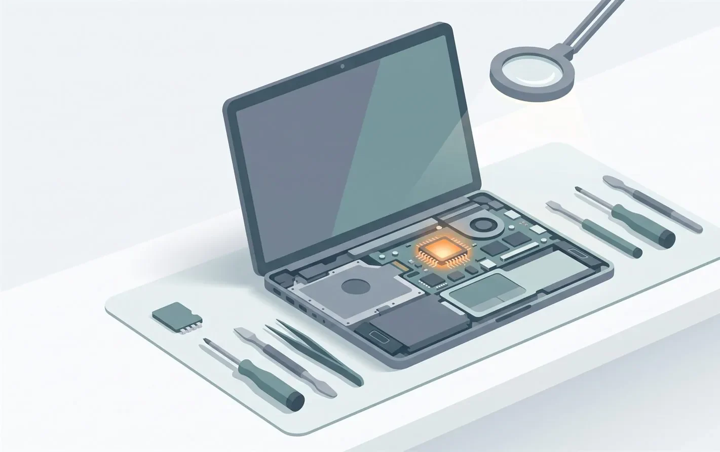 A data recovery engineer working on an SD card's memory chip in a lab