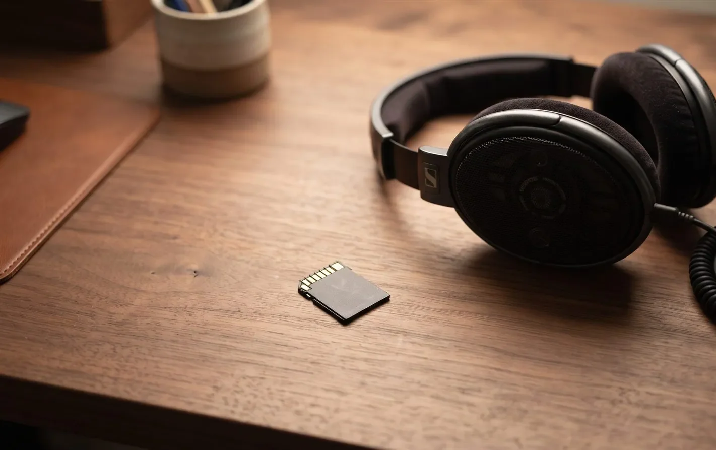 An SD card and headphones on a desk representing music recovery
