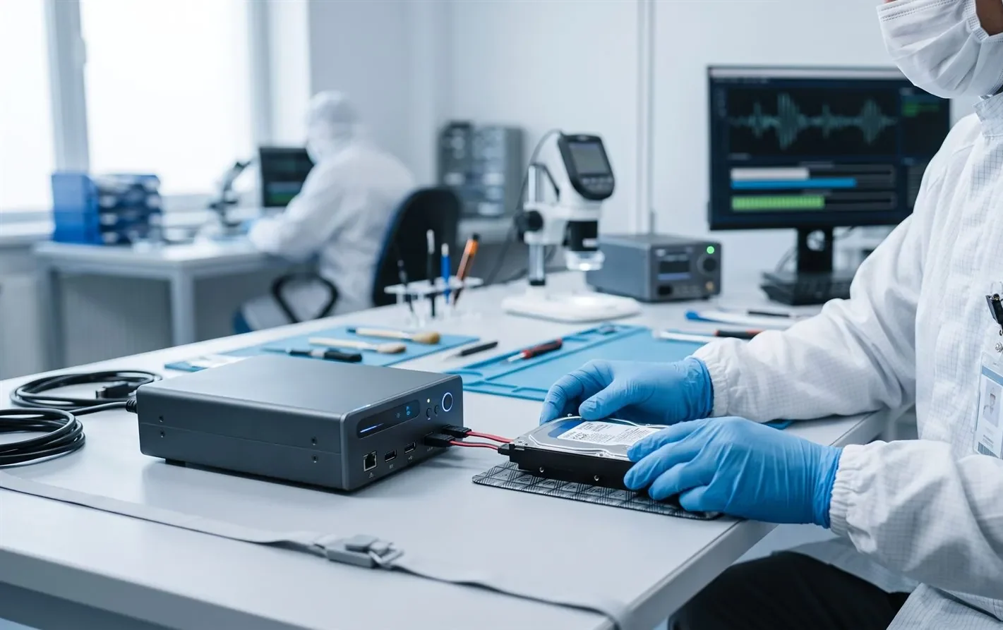 A data recovery engineer retrieving files from a hard drive in a lab