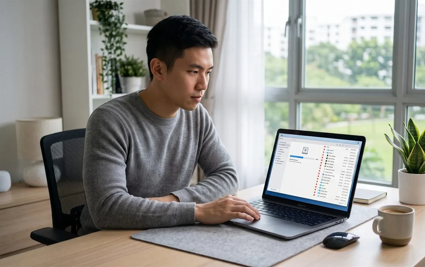 A person using recovery software on a laptop to scan for deleted files