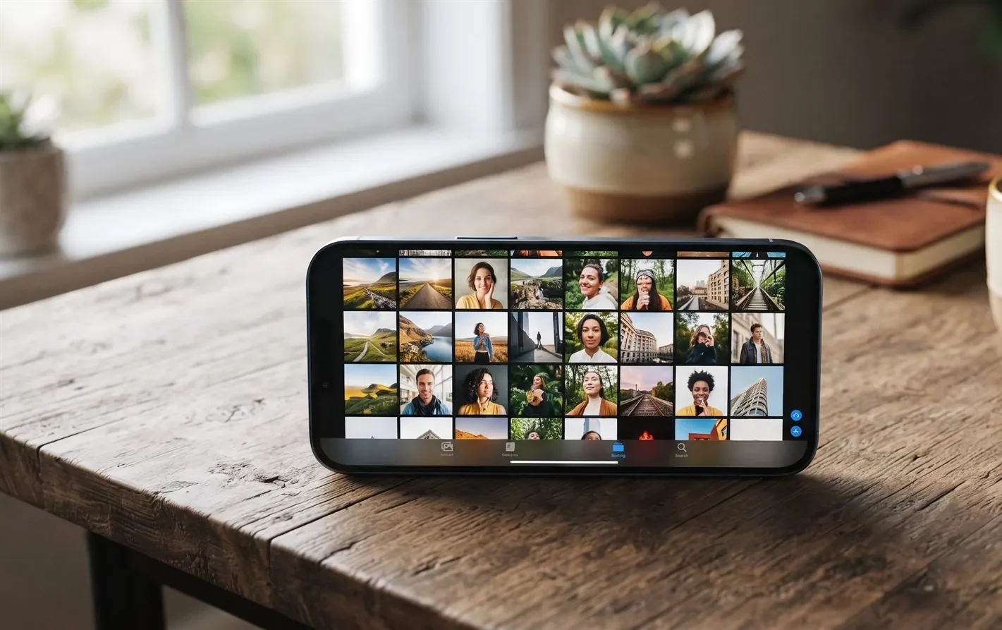 An Android phone with a photo gallery, some images being recovered