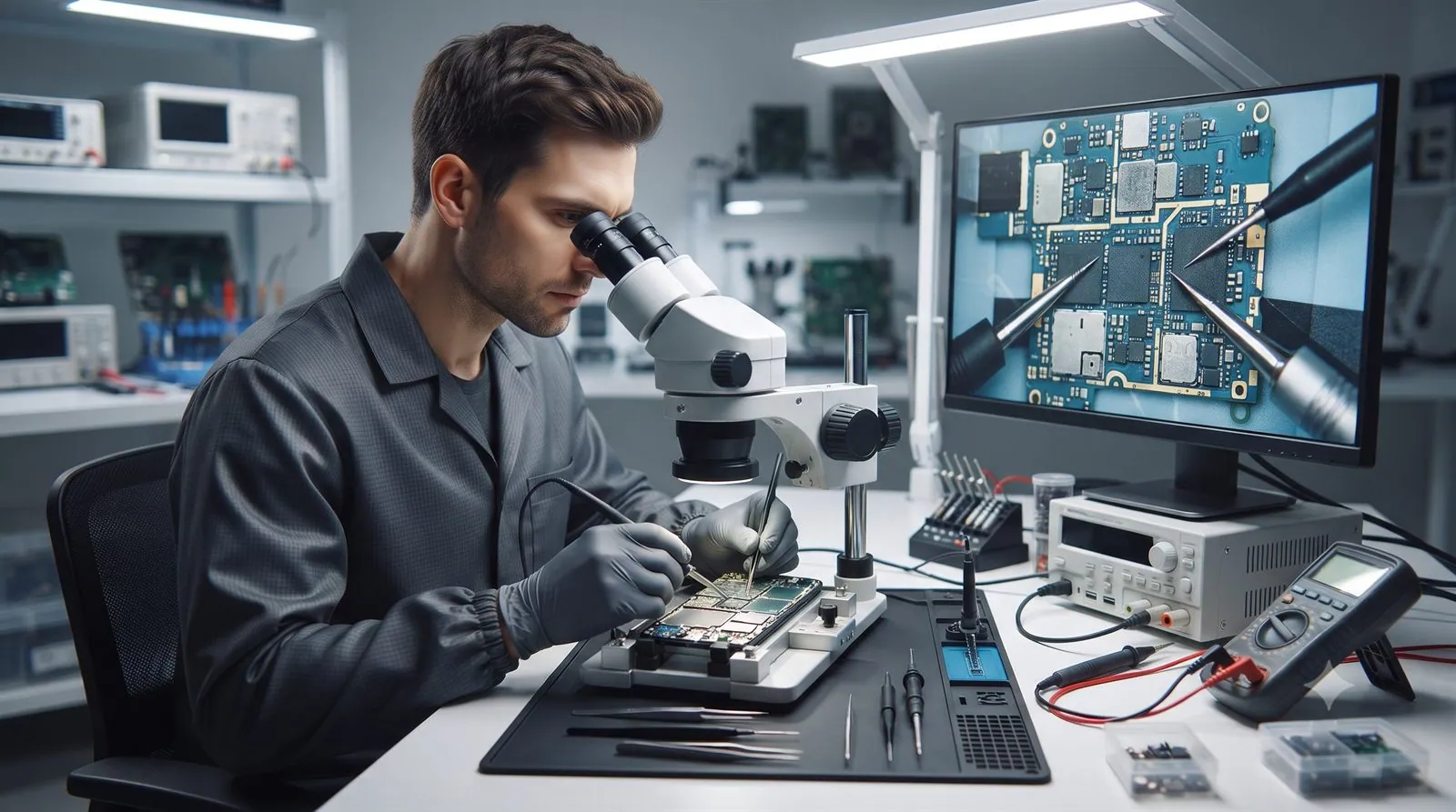 A data recovery engineer working on an Android phone board in a lab