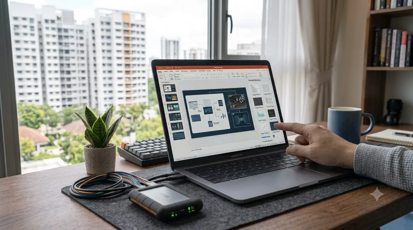 A laptop showing PowerPoint with a file recovery panel open