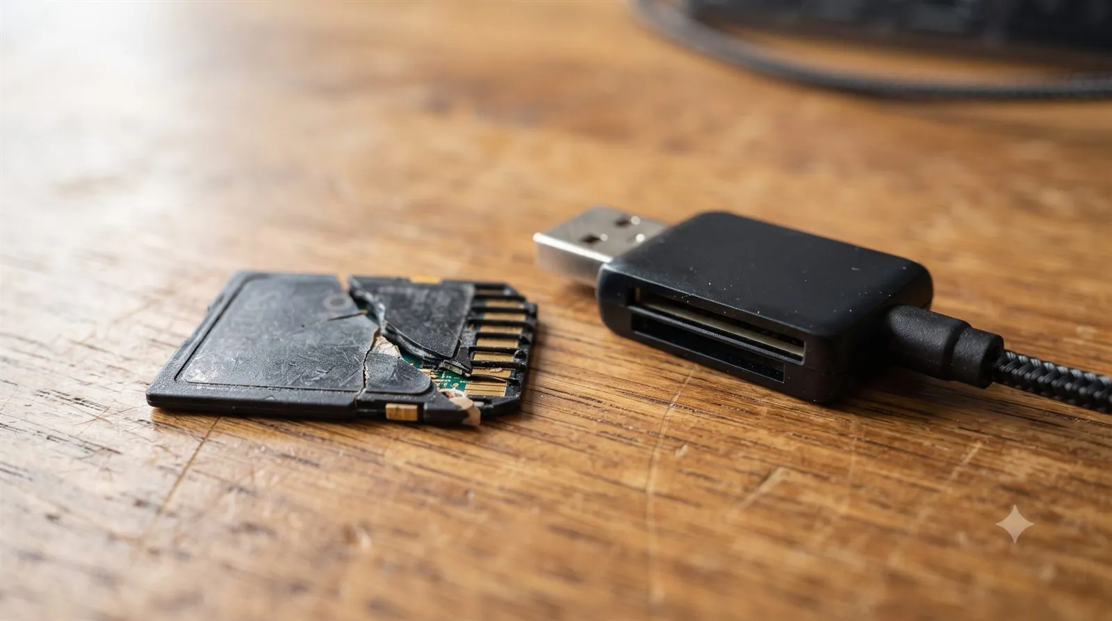 A damaged SD card next to a card reader on a desk