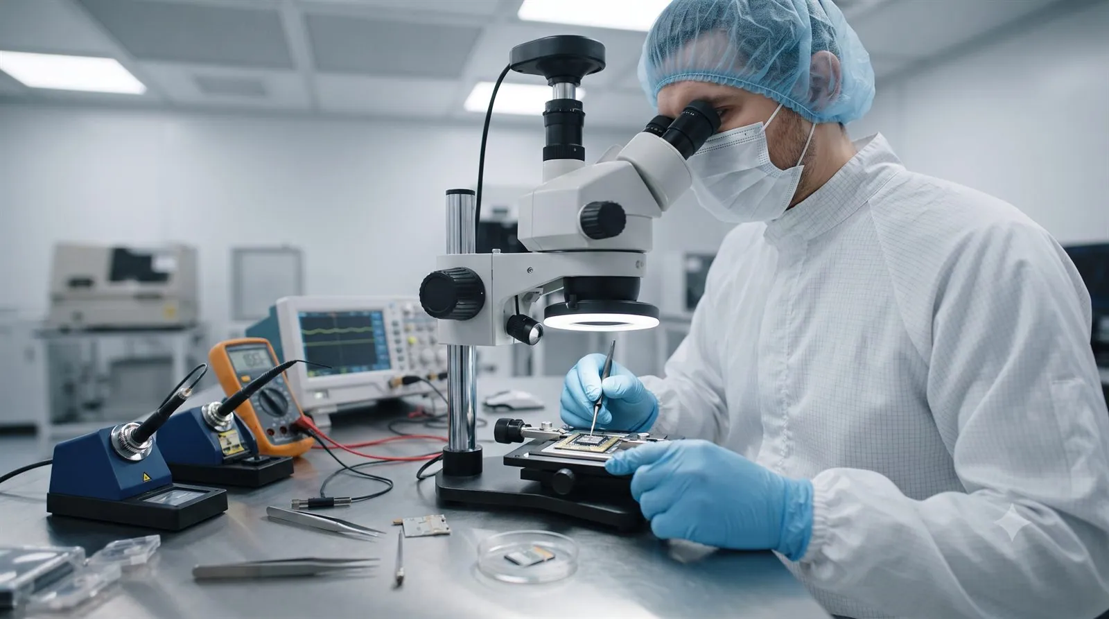 A data recovery engineer working on an SD card's memory chip under a microscope