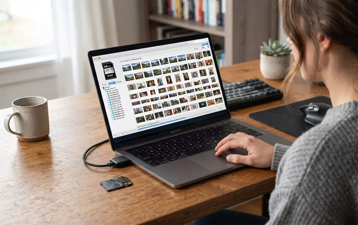 A person running photo recovery software on a laptop to scan an SD card