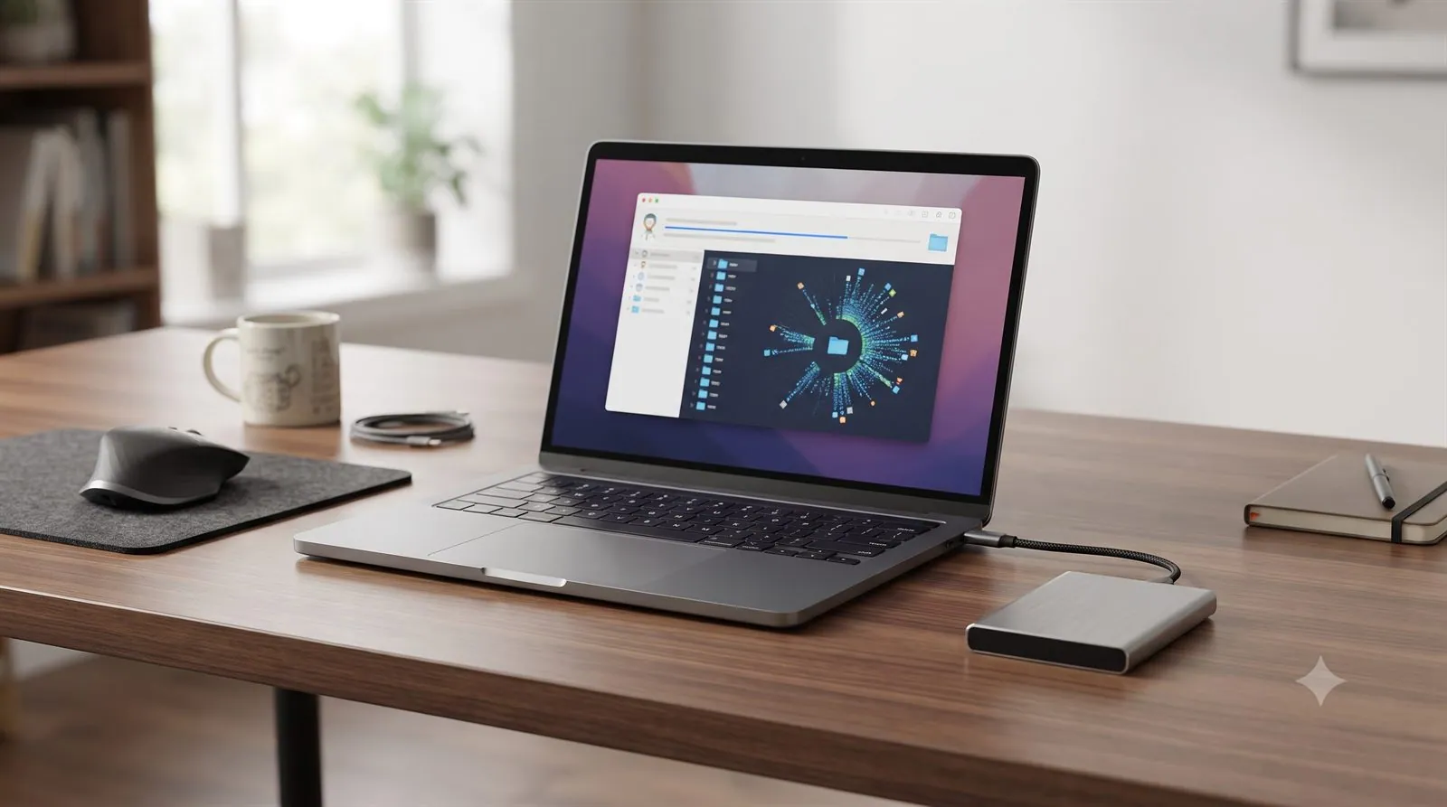 An external hard drive connected to a laptop showing recovery software scanning