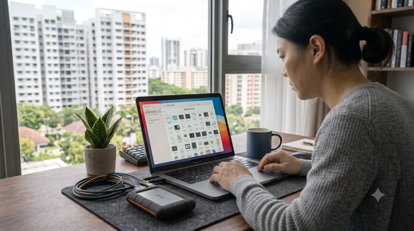 A person restoring a previous version of a file from a backup on a laptop