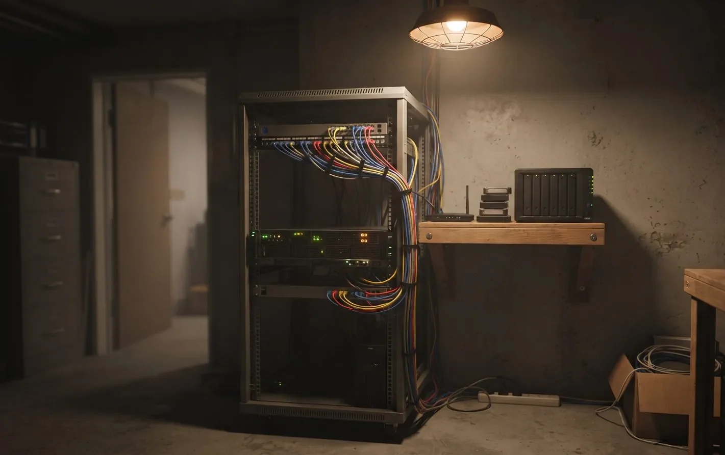 A retail back-office server and NAS in a store's back room