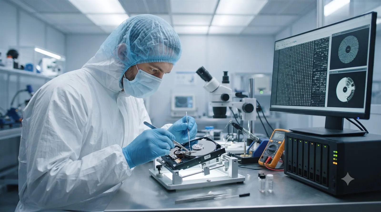 A data recovery engineer recovering data from a server drive in a lab