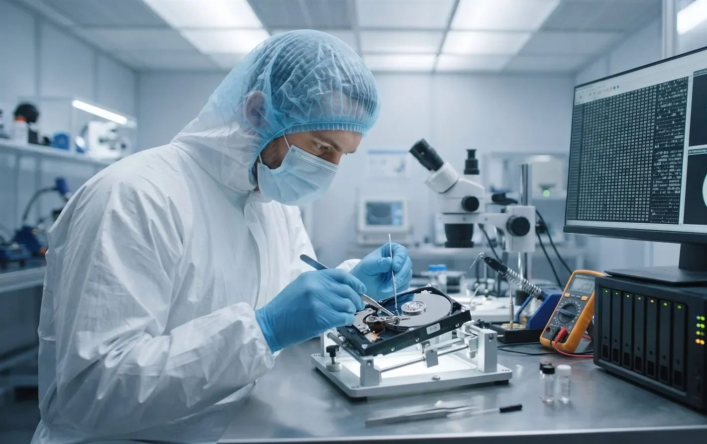 A data recovery engineer recovering data from a server drive in a lab