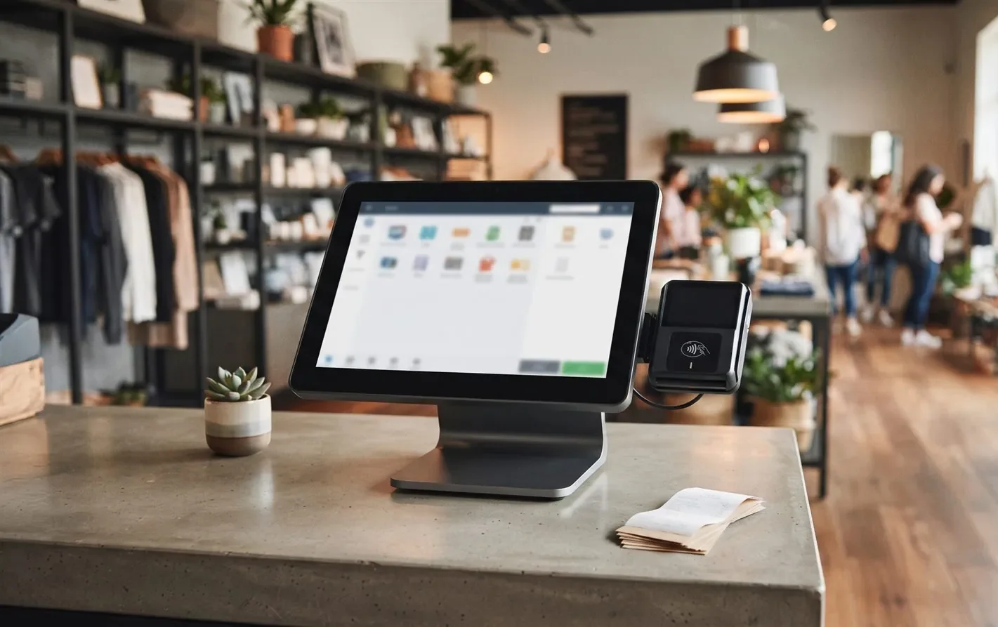 A retail point-of-sale terminal and screen at a shop counter