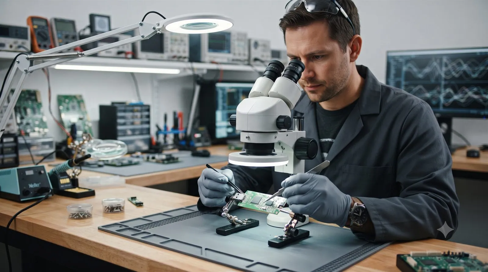 A data recovery engineer examining a flash drive board under a microscope