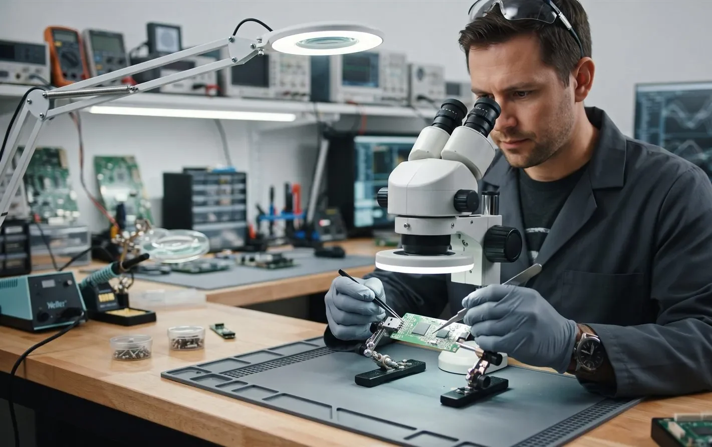 A data recovery engineer examining a flash drive board under a microscope