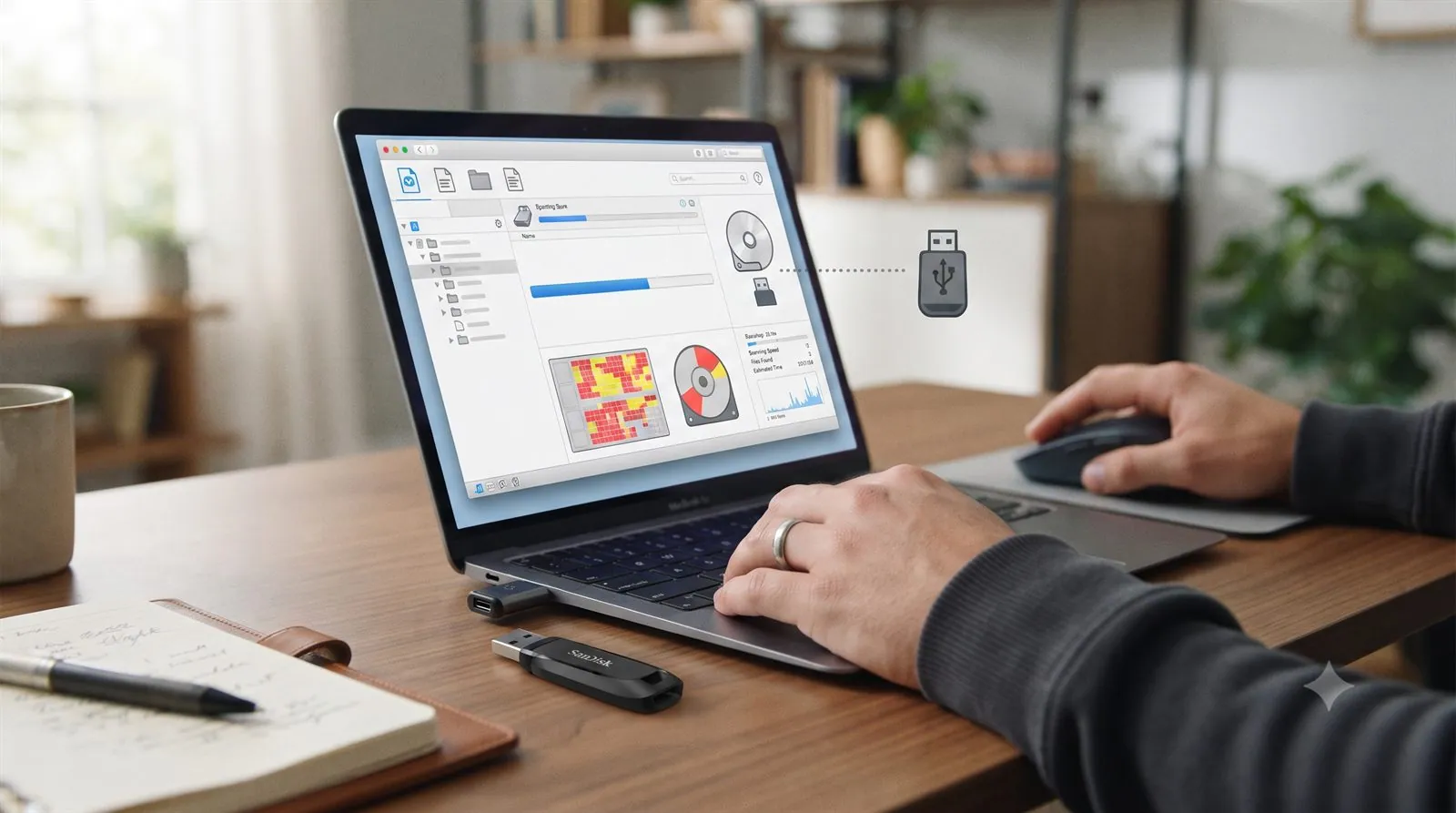 A person running recovery software to scan a corrupted flash drive on a laptop