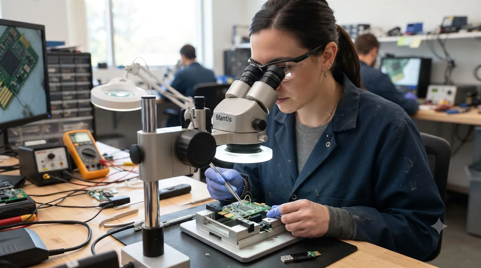 A data recovery engineer examining a USB stick's circuit board under a microscope
