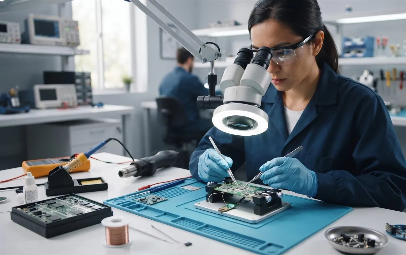 A data recovery engineer performing chip-level recovery on a USB stick in a lab