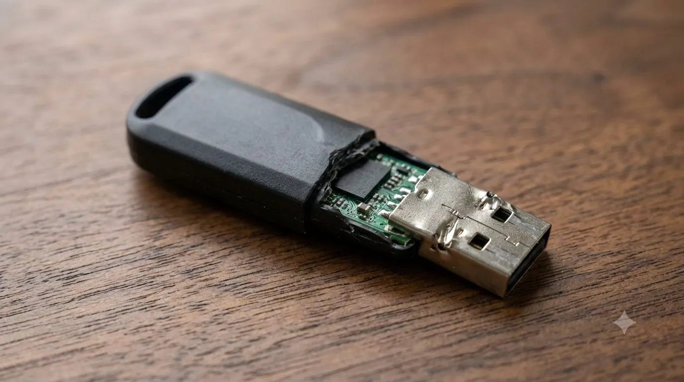 A snapped or bent USB flash drive on a desk
