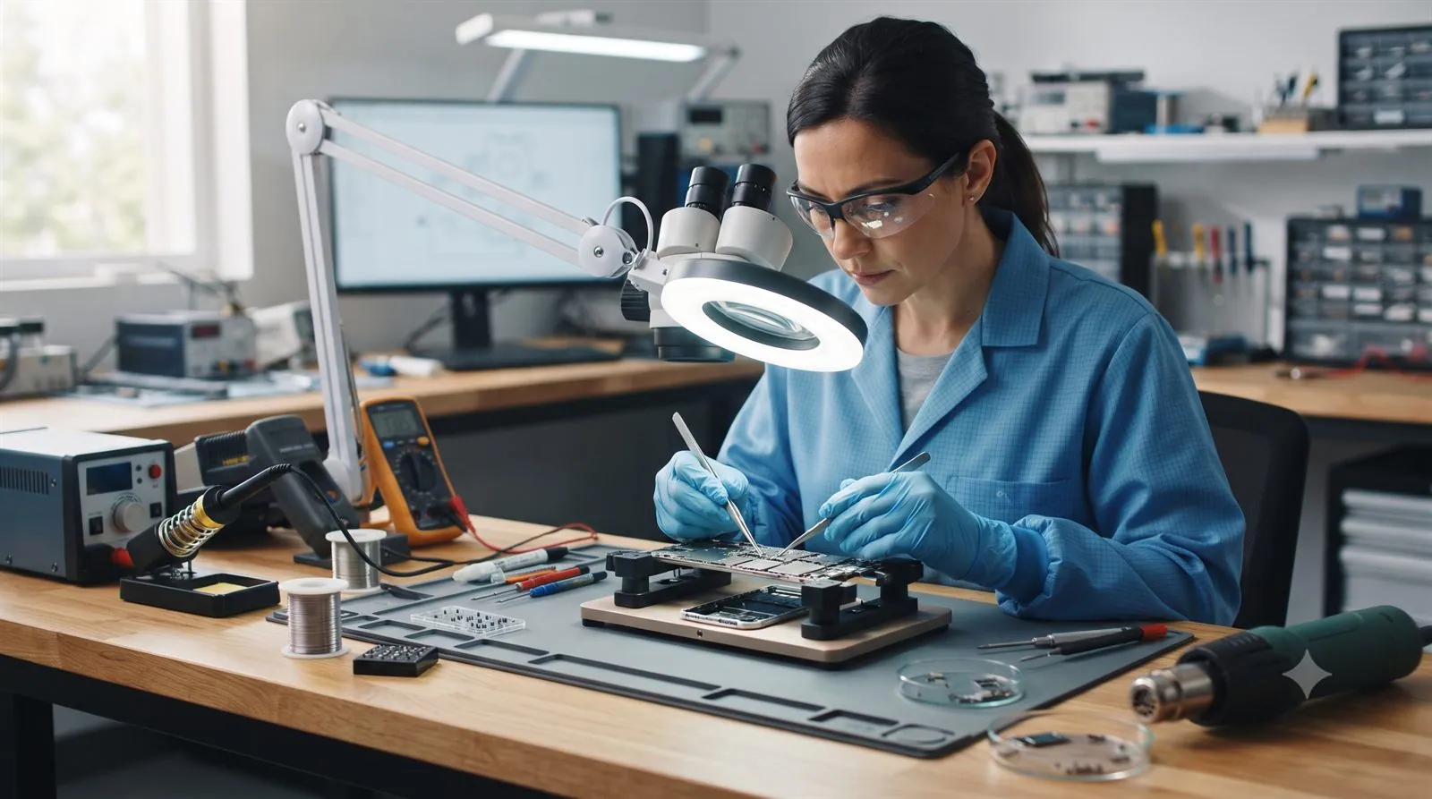 A data recovery engineer working on a smartphone board to recover app data in a lab