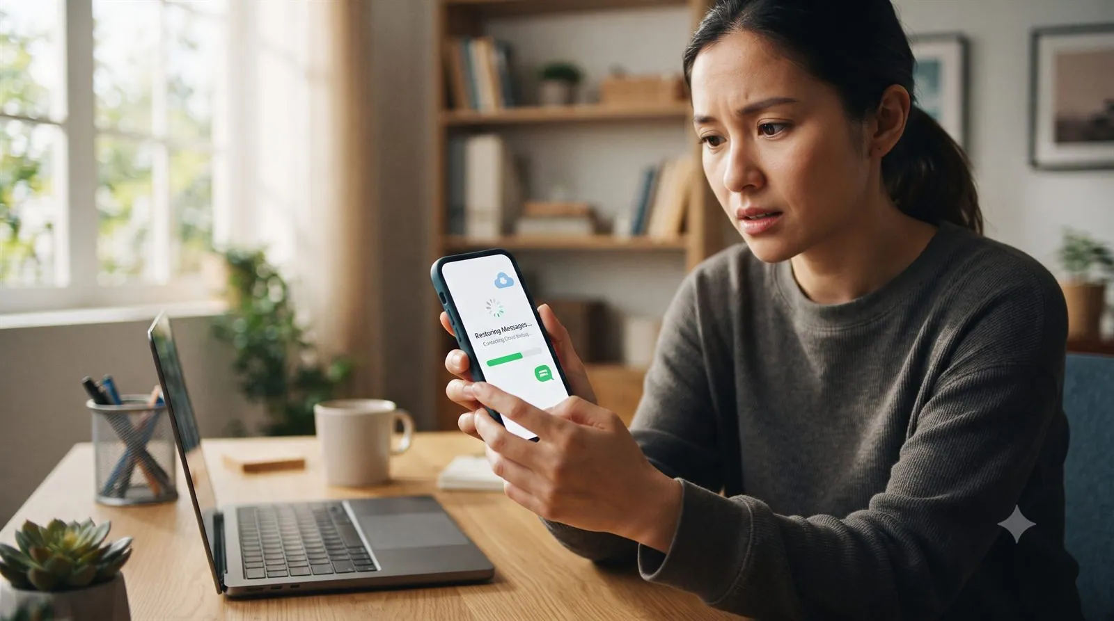 A person restoring WhatsApp chats from a cloud backup on their phone