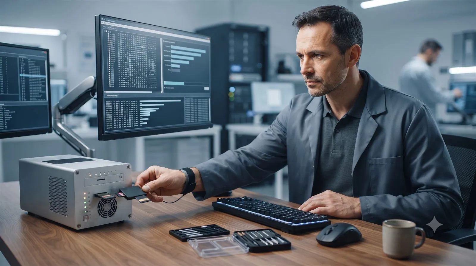 A data recovery engineer recovering files from an SD card in a lab