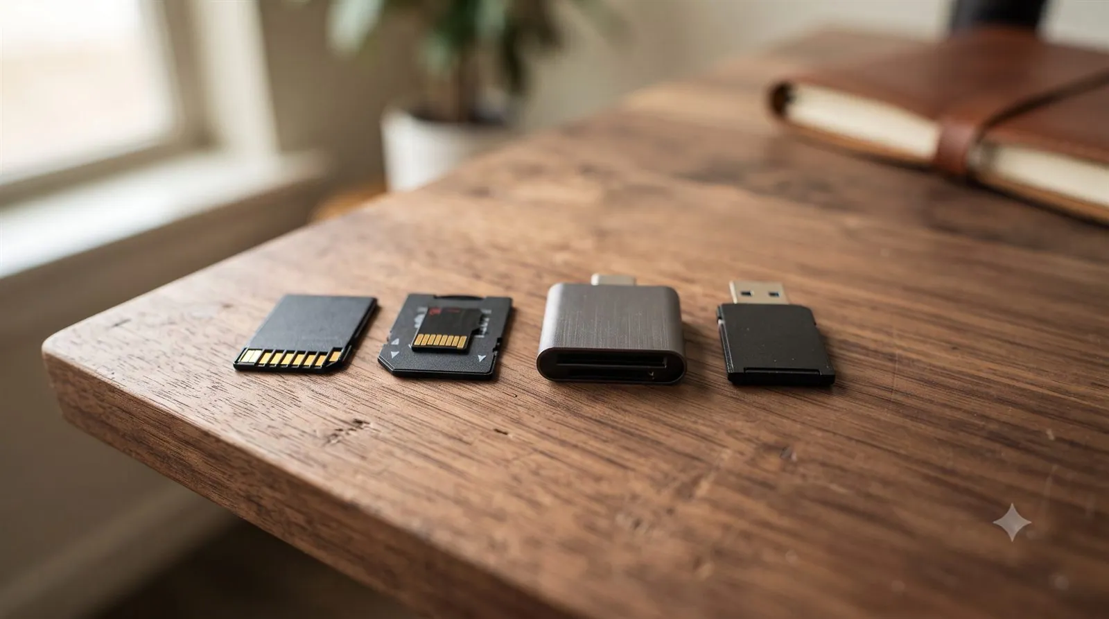 An SD card, microSD card and card reader on a desk