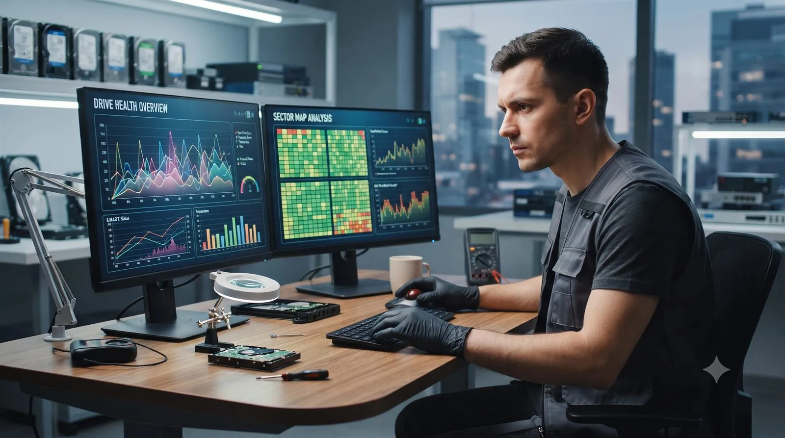 A data recovery engineer analysing drive health data on a workstation