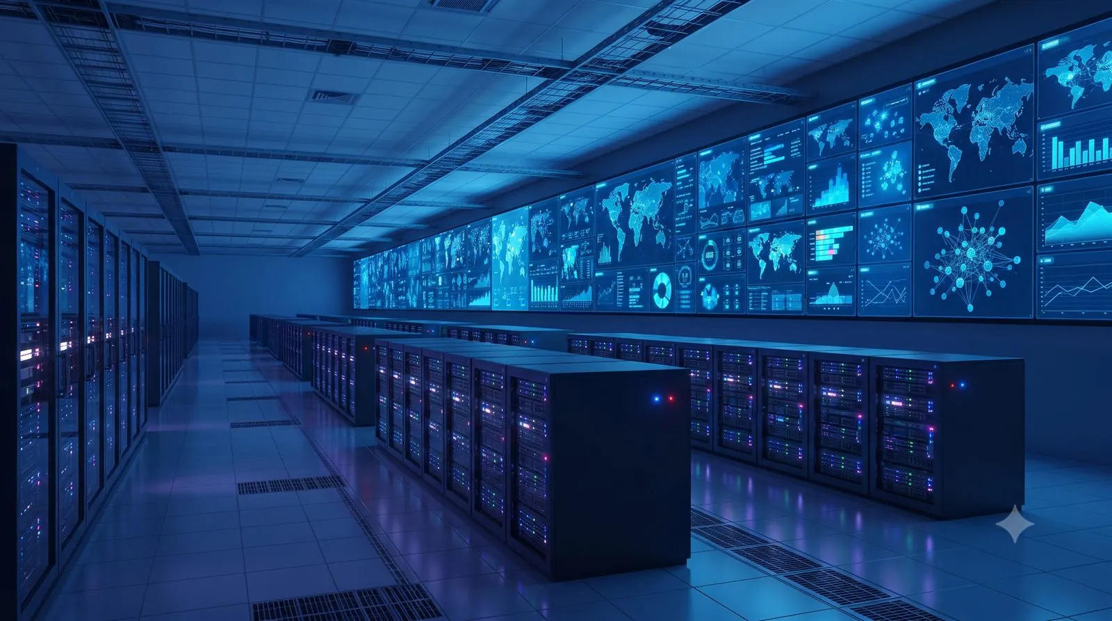 A secure data centre with servers and data visualisation on screens