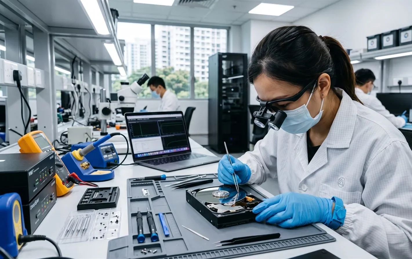 A data recovery engineer inspecting an external hard drive enclosure in a lab