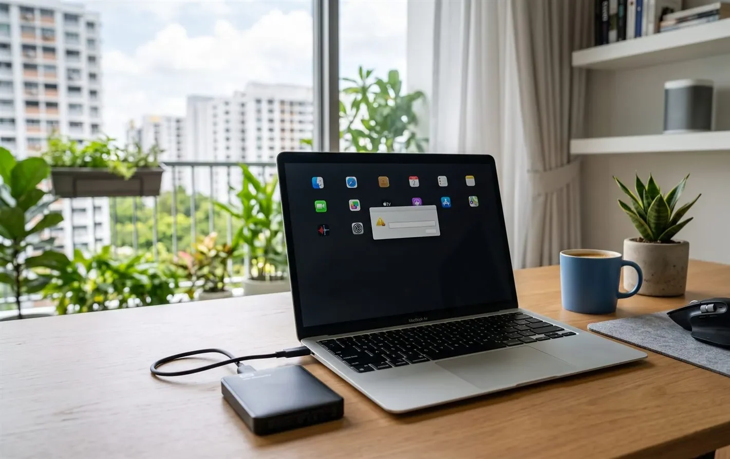 A MacBook on a desk showing a USB accessories warning with an external drive plugged in