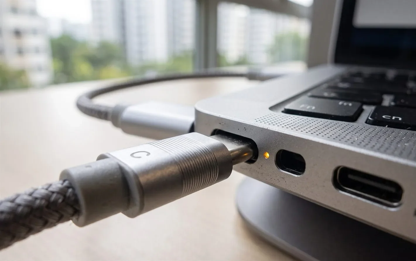 Close-up of a USB-C cable being plugged into a MacBook port
