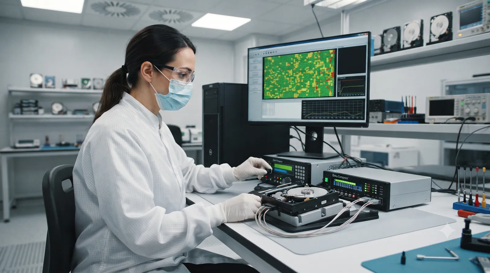 A data recovery engineer imaging a drive on specialist equipment in a lab