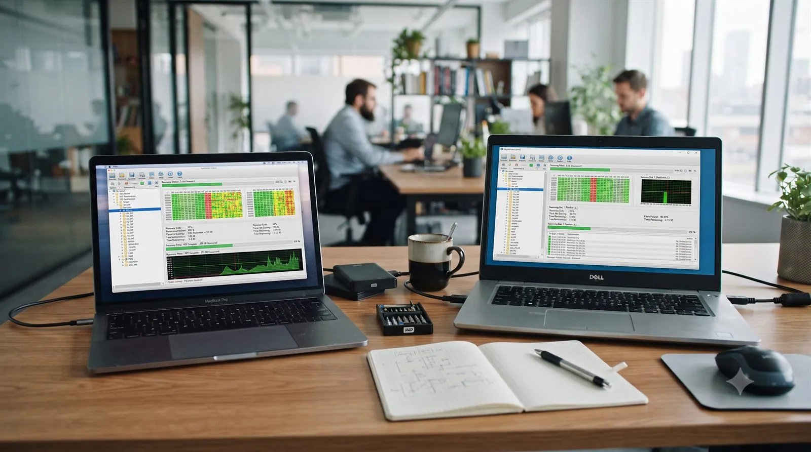Two laptops side by side each running recovery software