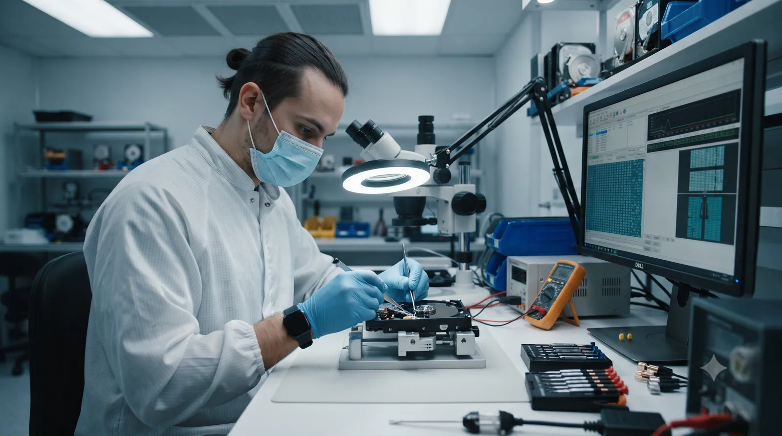 A data recovery engineer working on a drive in a lab