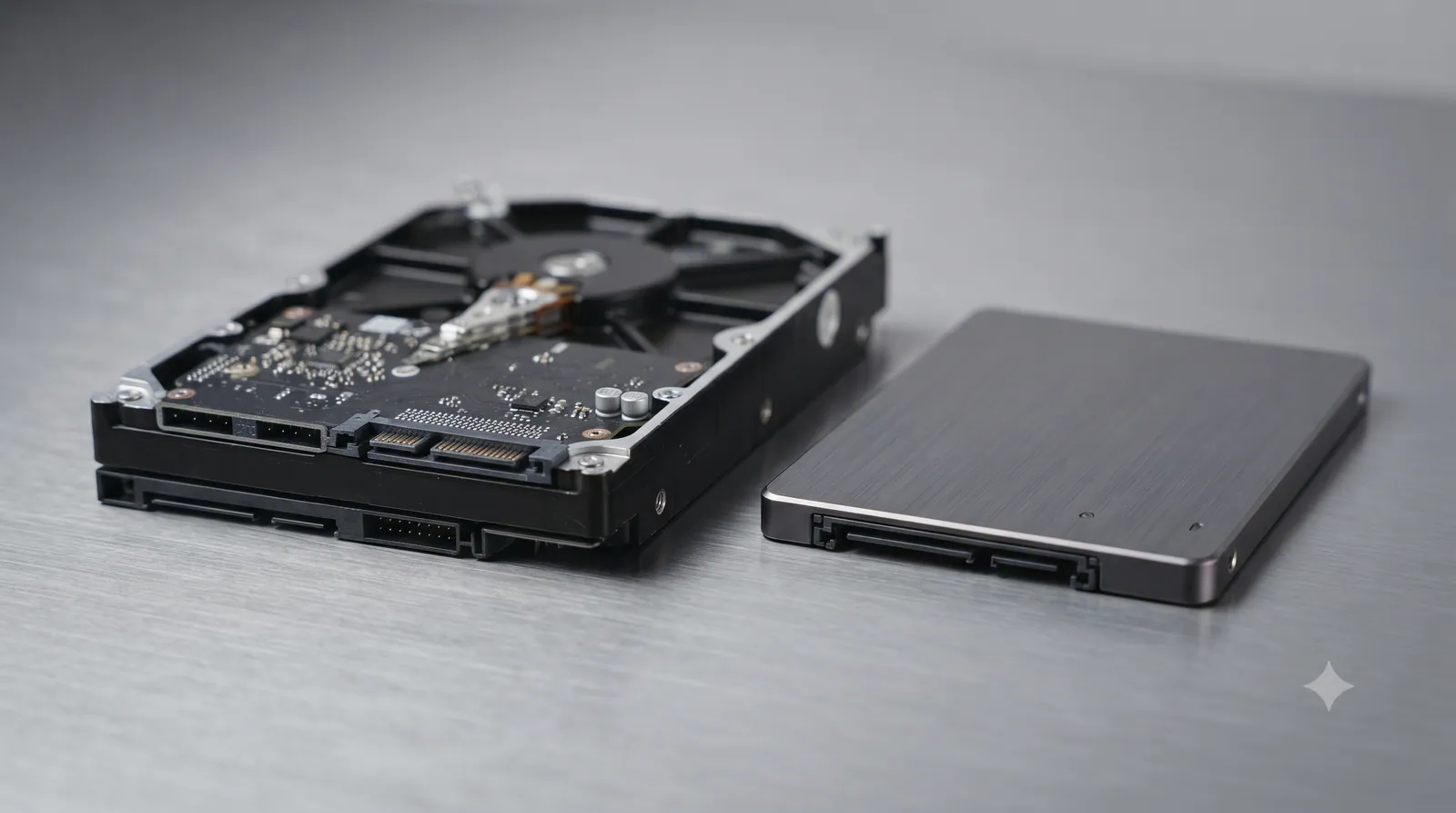 A hard drive and an SSD side by side on a desk