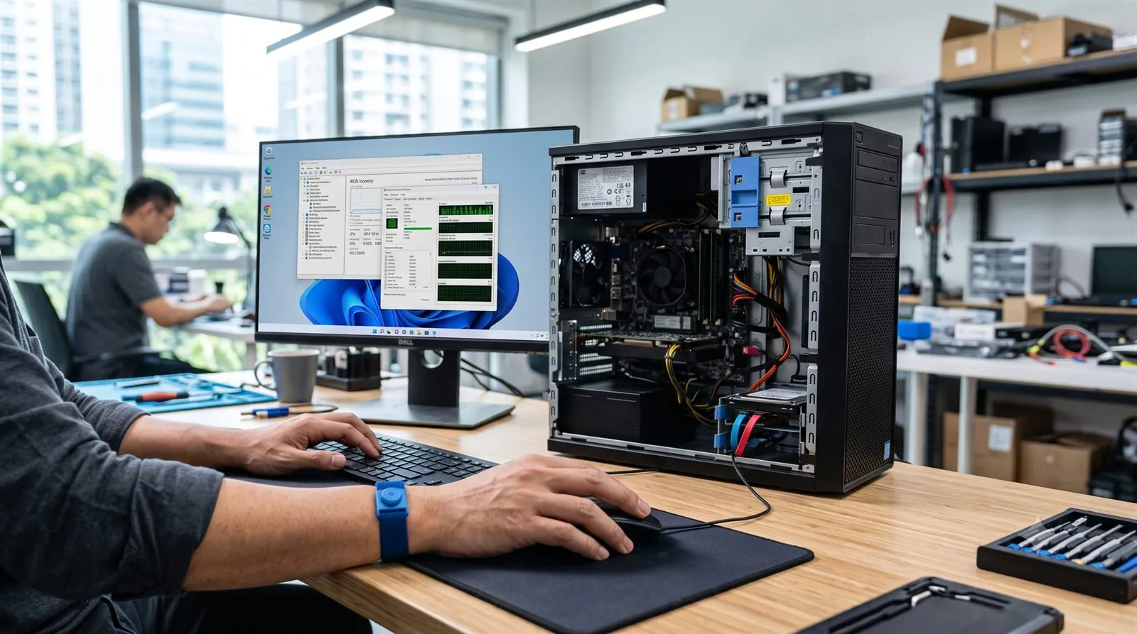 A technician running diagnostics on a Windows desktop computer