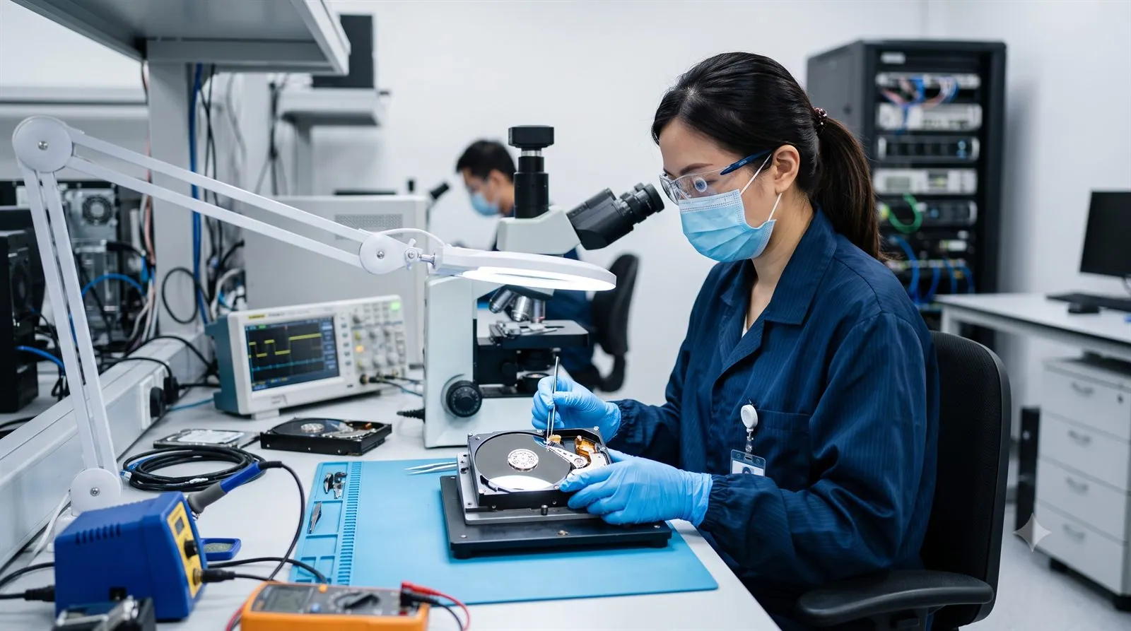A data recovery engineer examining an opened drive under a lab lamp in CBL's Singapore laboratory
