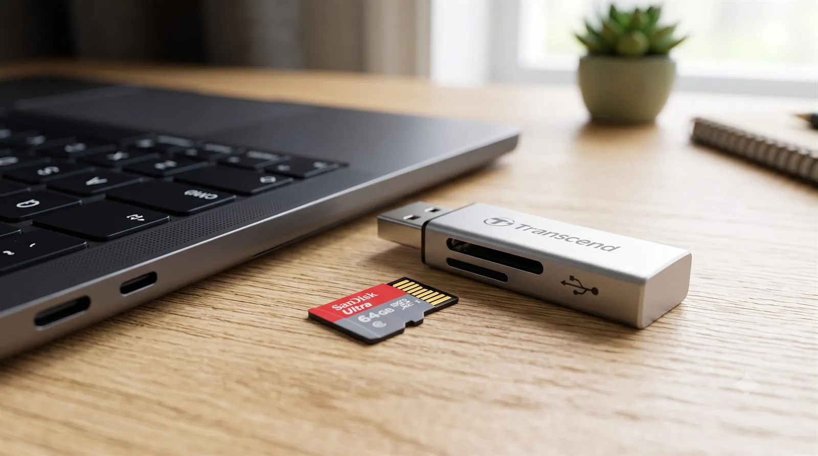 A microSD card and USB card reader beside a laptop — recovering photos from a memory card
