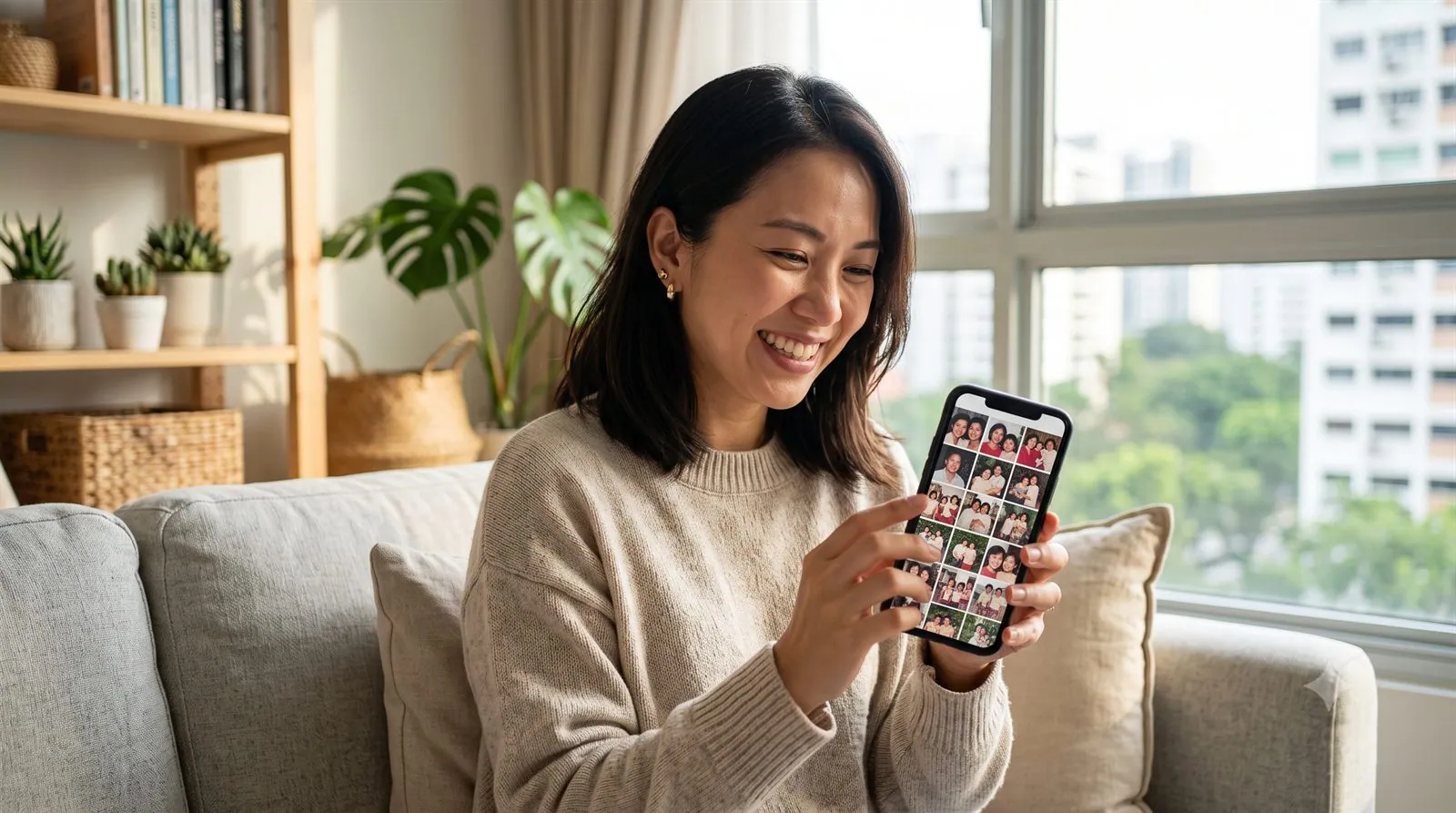 A relieved person in a bright Singapore home viewing recovered photos on their phone