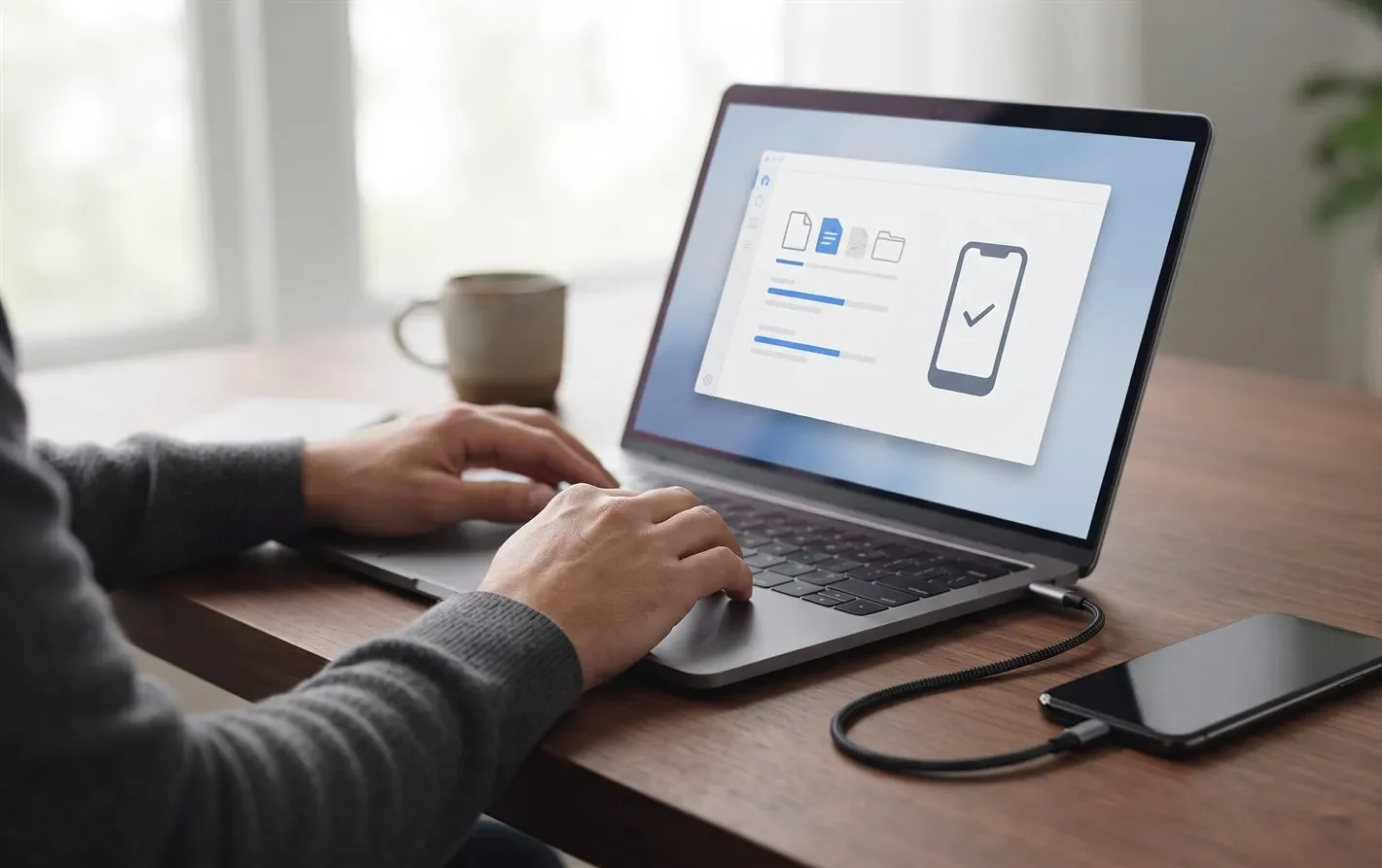 A person checking a phone backup and messages on a laptop