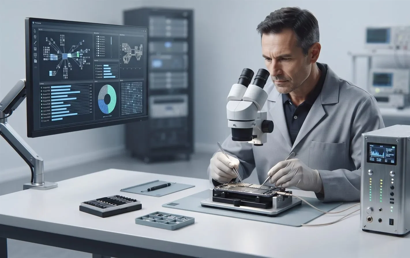 A data recovery engineer working on a smartphone in a lab