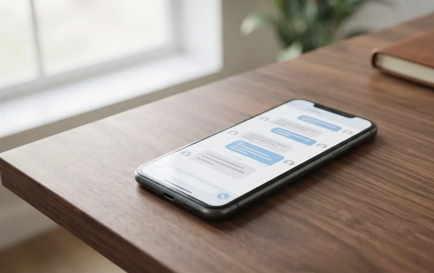 A smartphone showing a messaging app on a desk