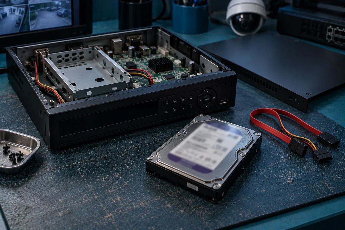 An opened CCTV DVR chassis with its surveillance hard drive on the bench beside it