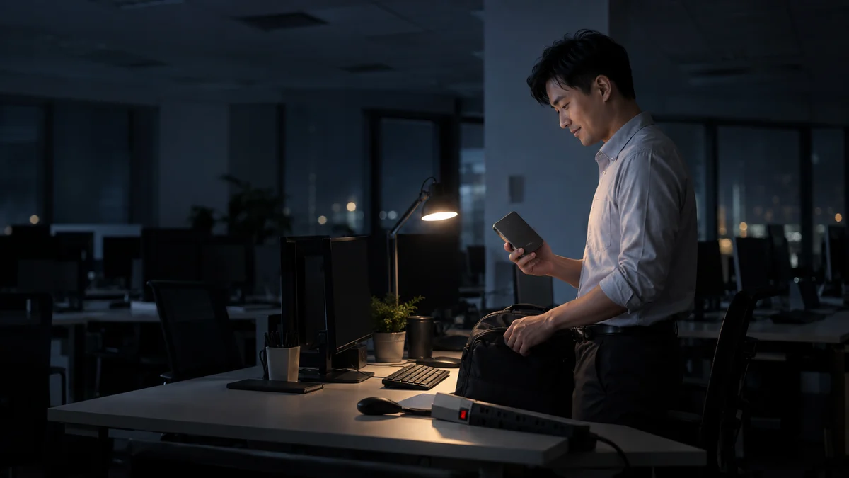 An office worker holding a backup drive in a dark office during a power cut