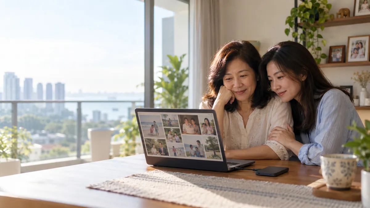 A mother and her adult daughter at home in Singapore looking through recovered family photographs on a laptop, with the external hard drive that held them on the table beside it