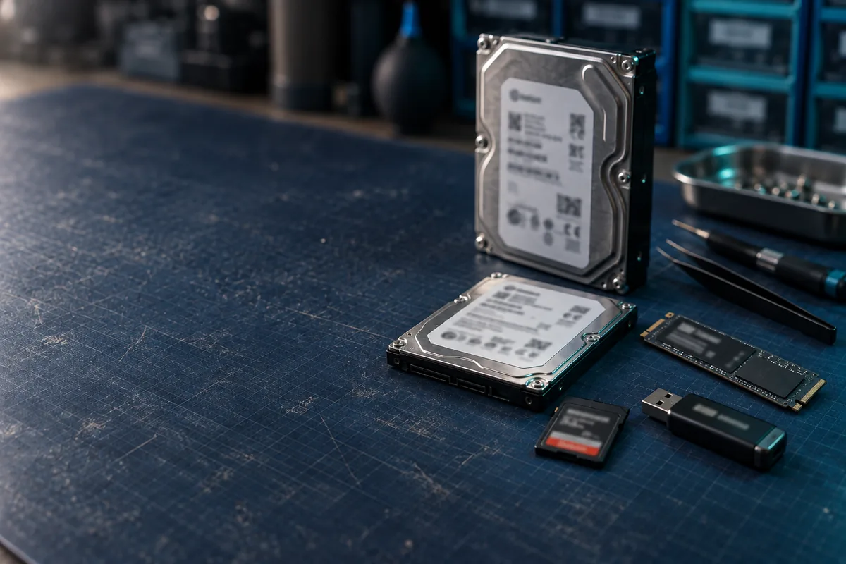 Hard drives, an SSD, a USB flash drive and memory cards laid out on an anti-static mat at a data recovery bench in Singapore