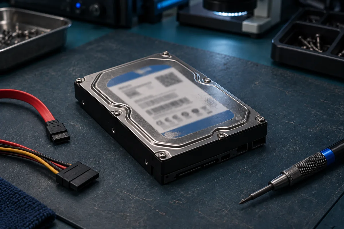 A sealed 3.5-inch hard drive on an anti-static mat with SATA data and power cables