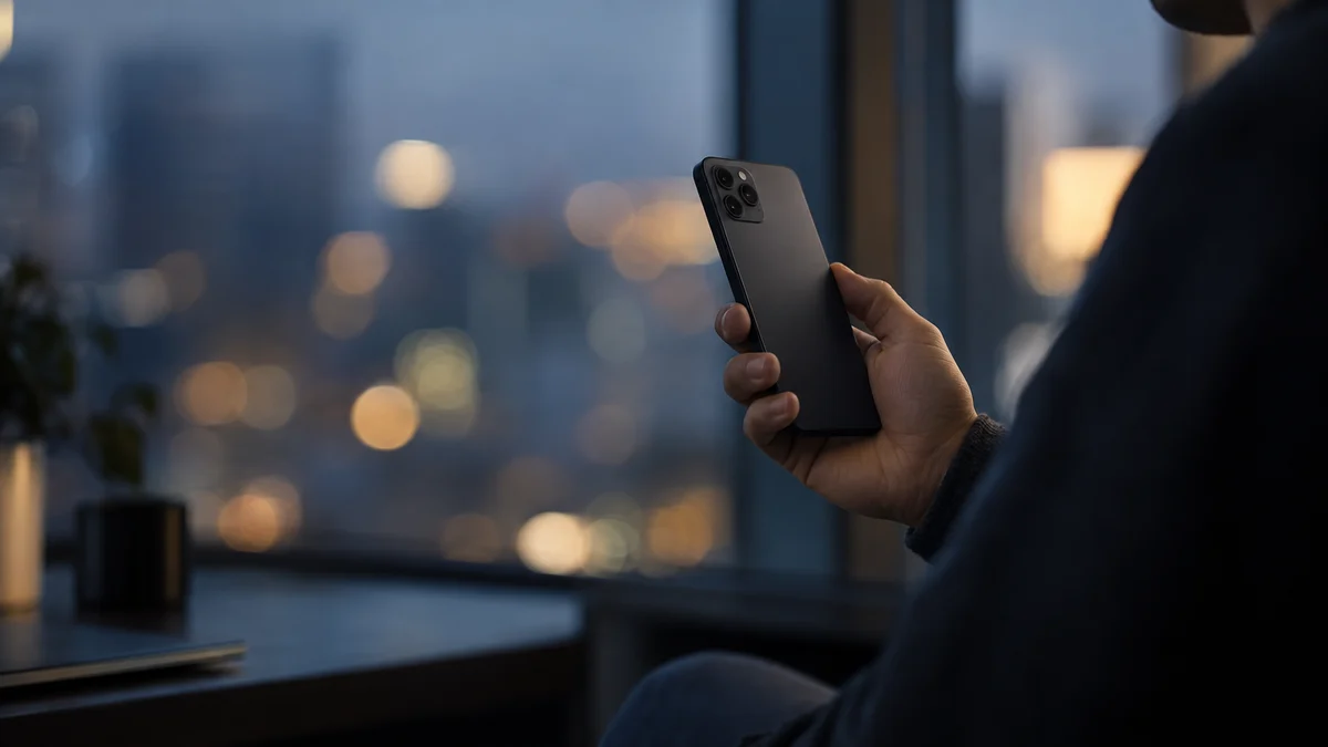 A hand holding up a thin premium smartphone against a window